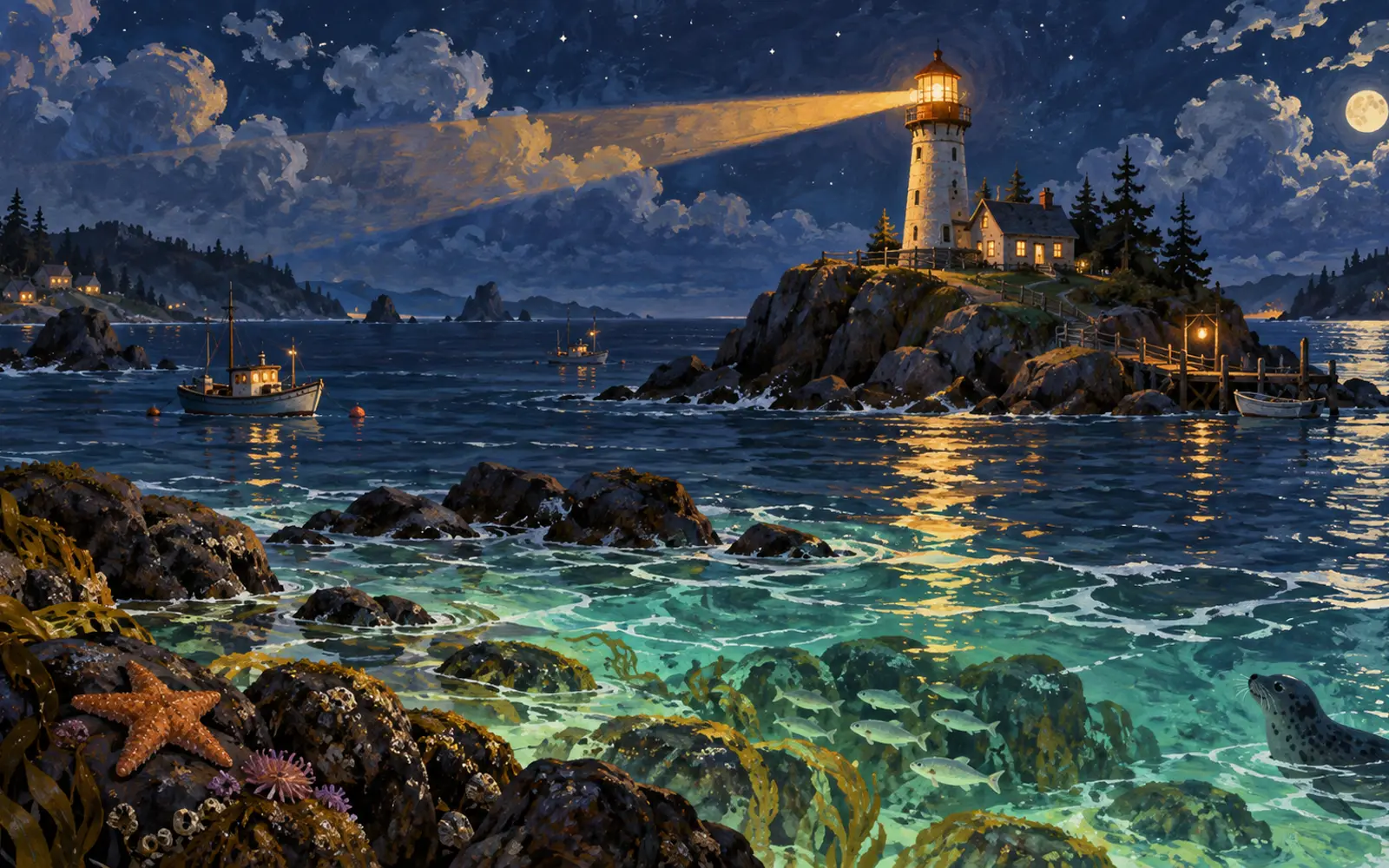 A lighthouse casting warm light over boats and reefs at night — promotional concept art